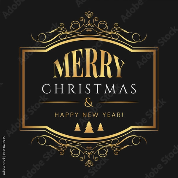Obraz Merry Christmas and Happy New Year card, banner, cover design template with gold vintage calligraphic frame and typography on black background. Creative concept in trendy retro style.