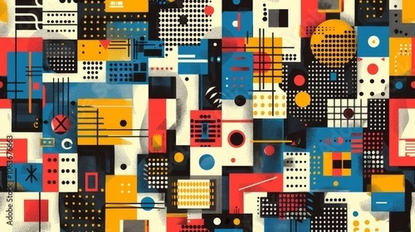 Obraz A modern Swiss geometry print with a mix of geometric shapes, including rectangles, squares, and circles