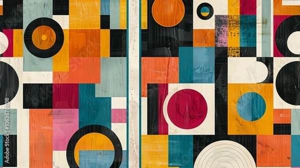 Fototapeta A modern Swiss geometry print with a mix of geometric shapes, including rectangles, squares, and circles