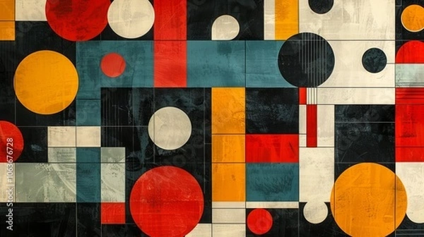 Obraz A modern Swiss geometry print with a mix of geometric shapes, including rectangles, squares, and circles