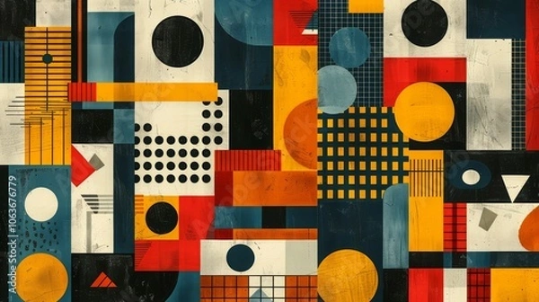 Obraz A modern Swiss geometry print with a mix of geometric shapes, including rectangles, squares, and circles