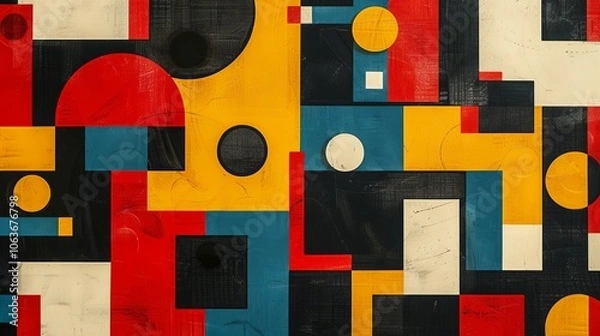 Obraz A modern Swiss geometry print with a mix of geometric shapes, including rectangles, squares, and circles