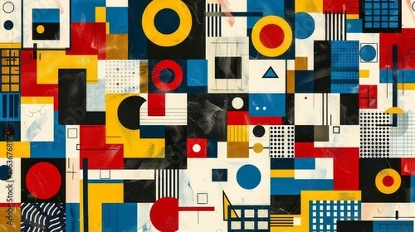 Obraz A modern Swiss geometry print with a mix of geometric shapes, including rectangles, squares, and circles