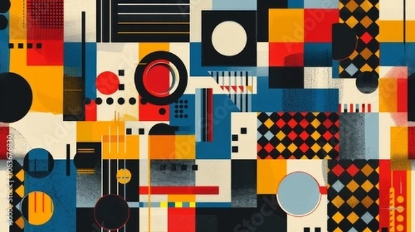 Obraz A modern Swiss geometry print with a mix of geometric shapes, including rectangles, squares, and circles