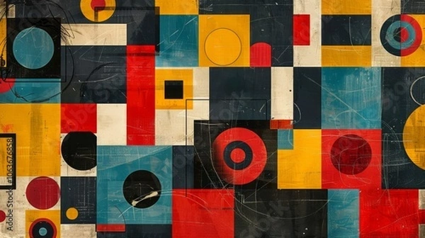 Obraz A modern Swiss geometry print with a mix of geometric shapes, including rectangles, squares, and circles