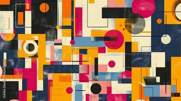 Fototapeta A modern Swiss geometry print with a mix of geometric shapes, including rectangles, squares, and circles