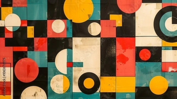 Obraz A modern Swiss geometry print with a mix of geometric shapes, including rectangles, squares, and circles