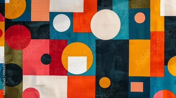 Fototapeta A modern Swiss geometry print with a mix of geometric shapes, including rectangles, squares, and circles