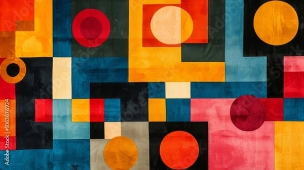 Obraz A modern Swiss geometry print with a mix of geometric shapes, including rectangles, squares, and circles