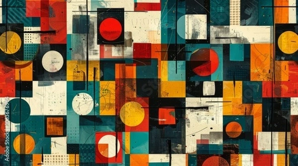 Fototapeta A modern Swiss geometry print with a mix of geometric shapes, including rectangles, squares, and circles