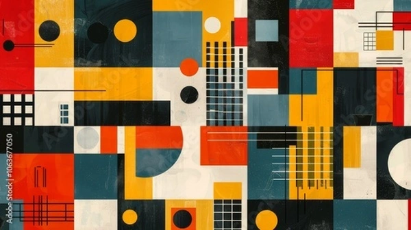 Obraz A modern Swiss geometry print with a mix of geometric shapes, including rectangles, squares, and circles