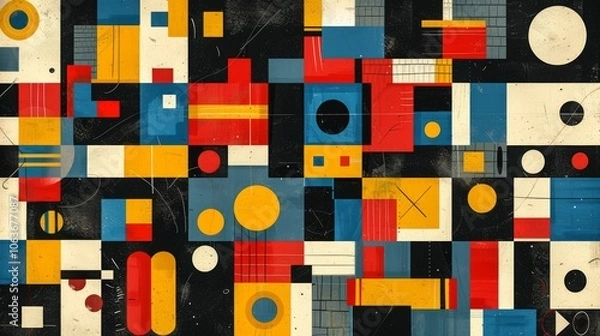 Obraz A modern Swiss geometry print with a mix of geometric shapes, including rectangles, squares, and circles