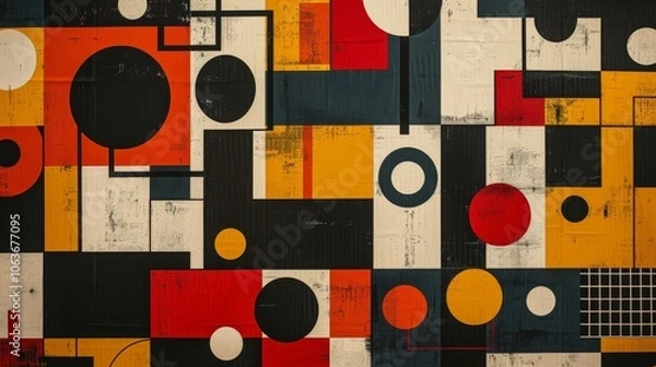 Fototapeta A modern Swiss geometry print with a mix of geometric shapes, including rectangles, squares, and circles