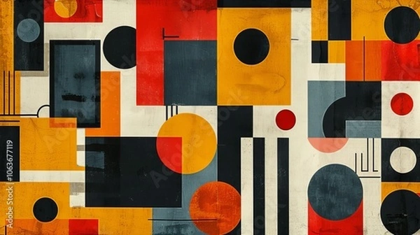 Obraz A modern Swiss geometry print with a mix of geometric shapes, including rectangles, squares, and circles
