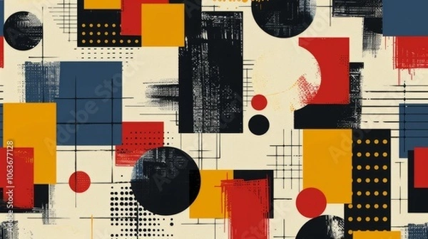 Fototapeta A modern Swiss geometry print with a mix of geometric shapes, including rectangles, squares, and circles