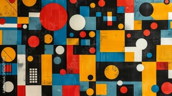 Obraz A modern Swiss geometry print with a mix of geometric shapes, including rectangles, squares, and circles