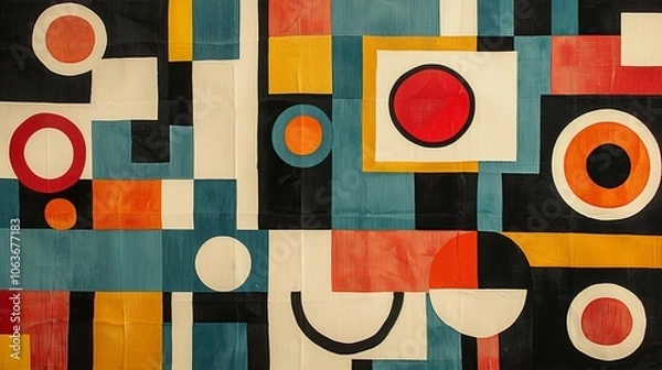 Fototapeta A modern Swiss geometry print with a mix of geometric shapes, including rectangles, squares, and circles