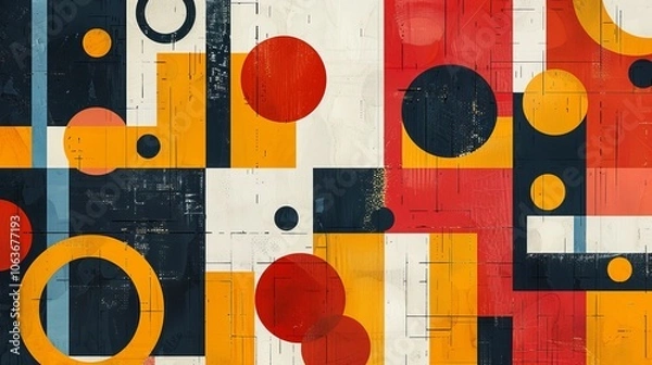 Obraz A modern Swiss geometry print with a mix of geometric shapes, including rectangles, squares, and circles