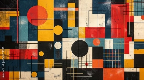 Fototapeta A modern Swiss geometry print with a mix of geometric shapes, including rectangles, squares, and circles
