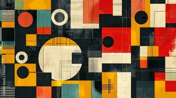 Obraz A modern Swiss geometry print with a mix of geometric shapes, including rectangles, squares, and circles