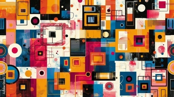 Obraz A modern Swiss geometry print with a mix of geometric shapes, including rectangles, squares, and circles