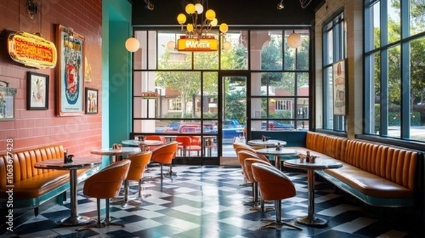 Fototapeta Retro diner interior with checkered floor.