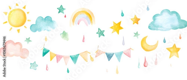 Obraz Watercolor Illustration of Cute Rainbow, Clouds, Stars, and Moon for Baby Shower or Nursery Decor, and Moon