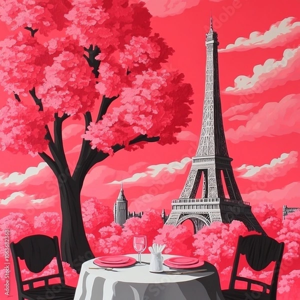 Fototapeta A romantic dining scene with the Eiffel Tower amidst vibrant pink trees.