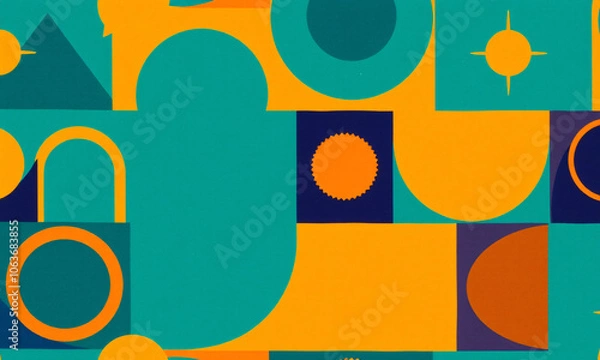 Fototapeta A vibrant retro-inspired pattern with geometric shapes in bold colors like mustard teal and burnt orange