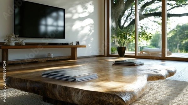 Fototapeta 木製家具と自然の景色を備えたモダンでミニマリストなリビングルーム