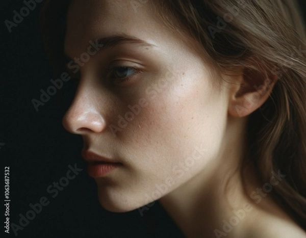 Fototapeta A close-up of a woman's face, with a dark background, showcases her serene expression and delicate features.