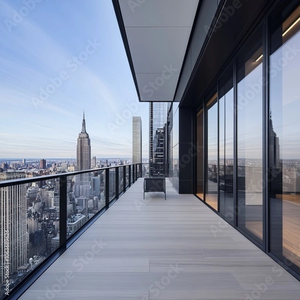 Fototapeta Modern balcony view overlooking the Empire State Building in a cityscape.