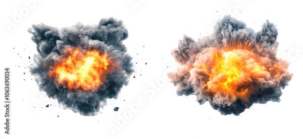 Fototapeta Explosive smoke cloud with fiery center isolate on transparent background, png, cutout