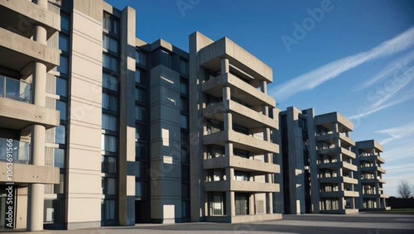 Fototapeta Modern Concrete Apartment Buildings Under Clear Blue Sky, Showcasing Brutalist Architecture