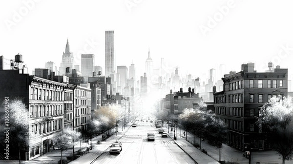 Fototapeta Cityscape Sketch - Black and White City Street Illustration