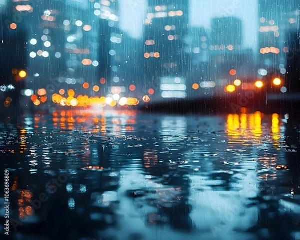 Fototapeta Moody Cityscape Reflected in Puddle During Rainstorm with Rippling Lights