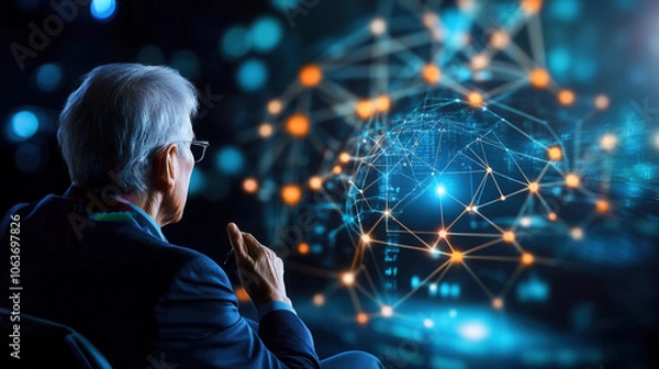 Fototapeta Innovative technologies future digital network technology conference humanoid discussion connectivity data visualization artificial intelligence virtual reality elderly man thoughtful modern abstract