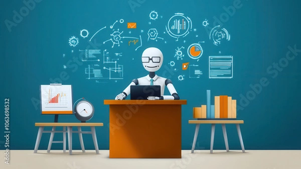 Fototapeta humanoid figure working at desk with charts and graphs in background, showcasing innovative ideas and technology. scene conveys sense of productivity and creativity