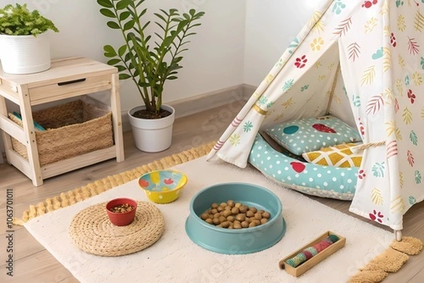 Fototapeta Small Room With a Vibrant Teepee, Dog Bed, and Water Bowl, Creating a Cozy Nook for Pets to Play and Relax
