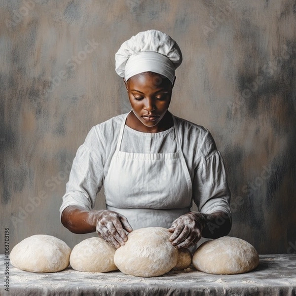 Fototapeta A baker preparing dough on a table, showcasing the art of bread-making.