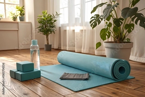Fototapeta Tranquil Setting Featuring a Blue Yoga Mat, Water Bottle, and Towels on a Warm Wooden Floor for Home Workouts