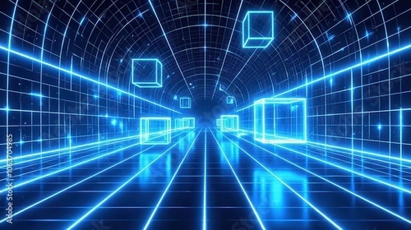 Fototapeta A futuristic digital tunnel with glowing blue cubes floating in a neon grid pattern, creating a sense of high-speed movement and infinite space.