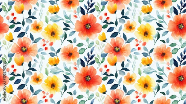 Fototapeta Seamless watercolor pattern featuring vibrant floral designs on a crisp white background for decorative use