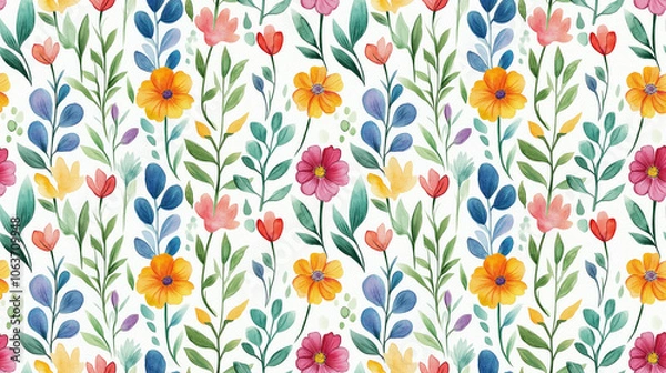 Fototapeta Seamless watercolor pattern featuring delicate flowers and leaves perfect for fabric and textile design wrapping paper