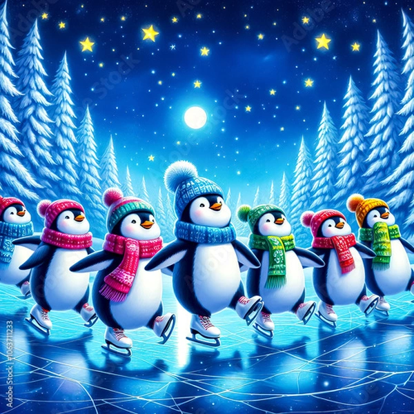 Fototapeta funny penguins skating on ice against snowy forest background