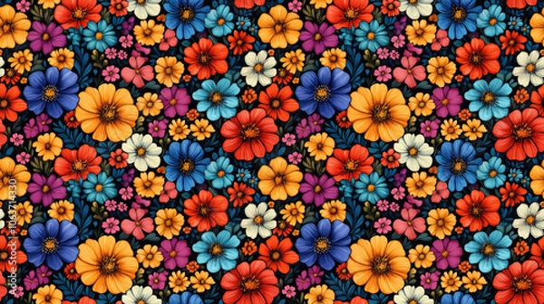 Obraz Watercolor illustration of vibrant flowers arranged in a seamless pattern perfect for textile design or stationery