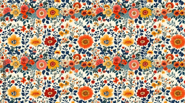 Obraz Seamless pattern featuring intricate embroidery stitches with Kashmiri tanka style borders and an all over floral design perfect for textile and fashion applications