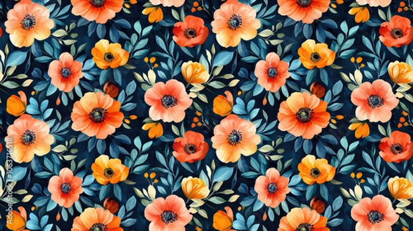 Obraz Seamless watercolor flower pattern featuring vibrant blooms ideal for fabric design and home decor