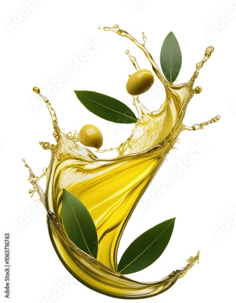 Obraz Olive oil splash with leaves, isolated on white background.