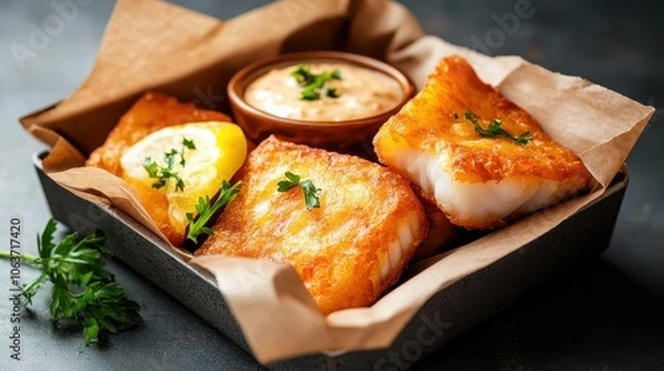 Fototapeta Crispy golden fried fish served with a slice of lemon and a creamy dipping sauce, garnished with fresh parsley for an appetizing visual appeal.